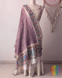 Lilac Bandhani Madhubani Muga Silk Dupatta full draped view