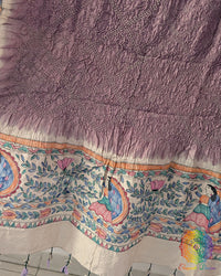 Lilac Muga Silk Dupatta with Bandhani body and hand-painted Madhubani artwork border