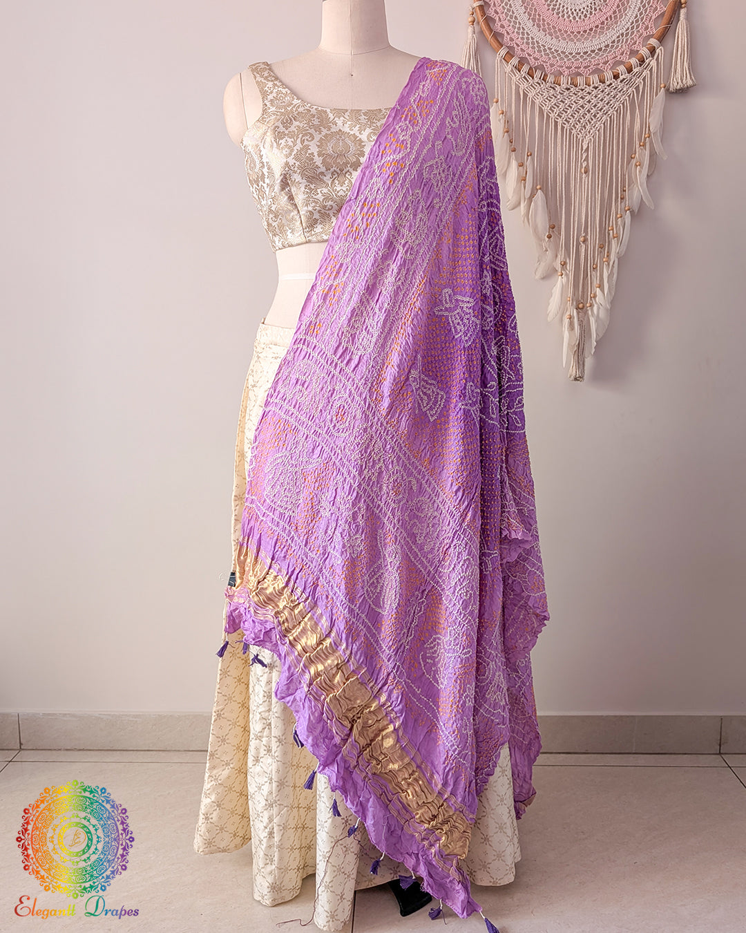 Soft lilac bandhani dupatta detailed raas mandal pattern