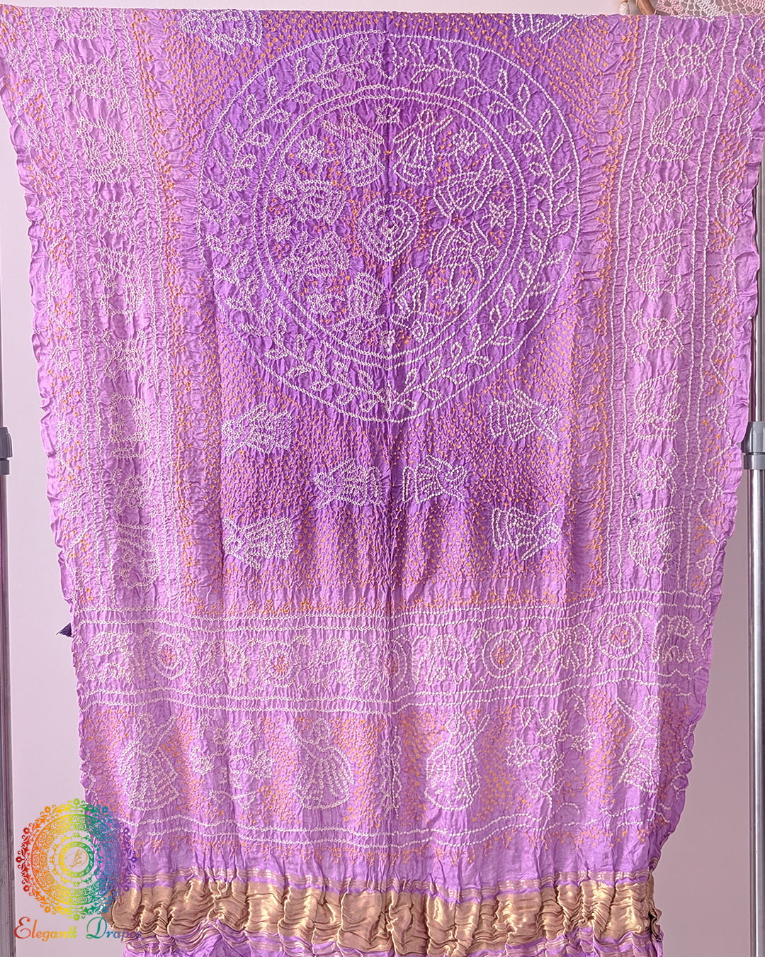 Lilac purple gaji silk bandhani dupatta with raasmandal design