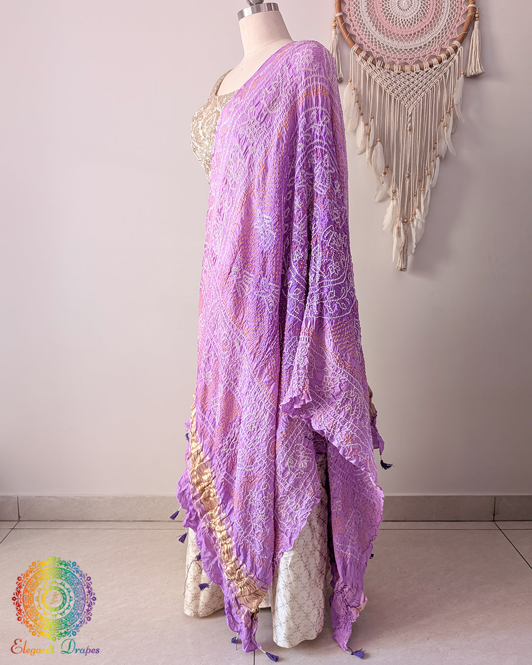 Gaji silk pastel purple dupatta with traditional bandhej work