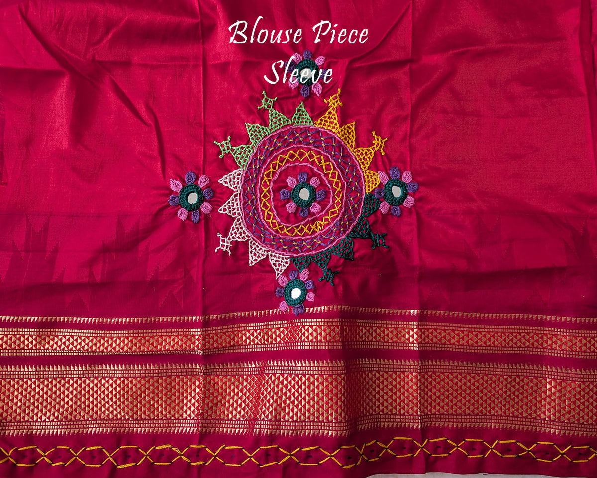 Sleeve detail of the blouse paired with the Lime Green Pure Ilkal Silk Saree, highlighting the coordinating colour and handcrafted embroidery details.