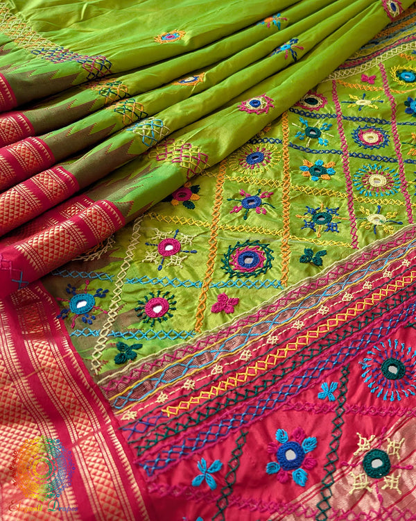 Lime Green Pure Ilkal Silk Saree displayed in a full-length view, showcasing the traditional Ilkal silk weave and striking lime green and red colour combination.