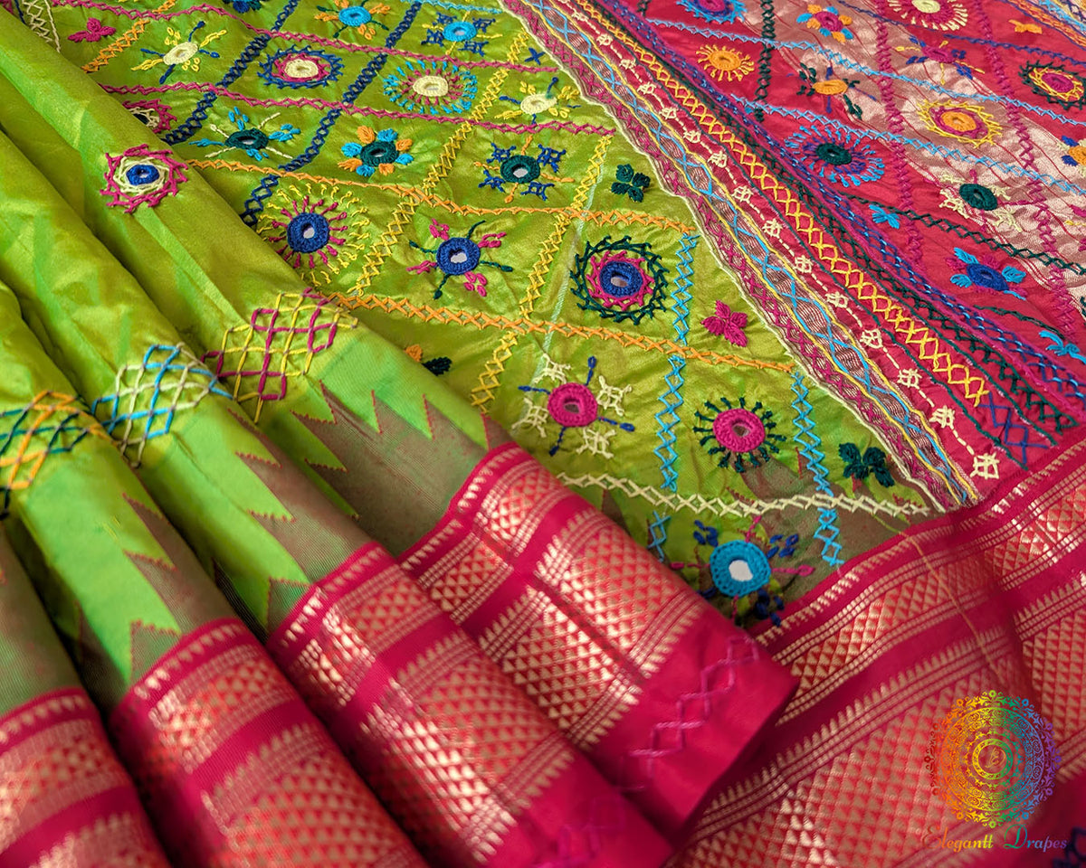 Detailed view of the red border of the Lime Green Pure Ilkal Silk Saree, showcasing the contrasting red and lime green colours with traditional textile detailing.