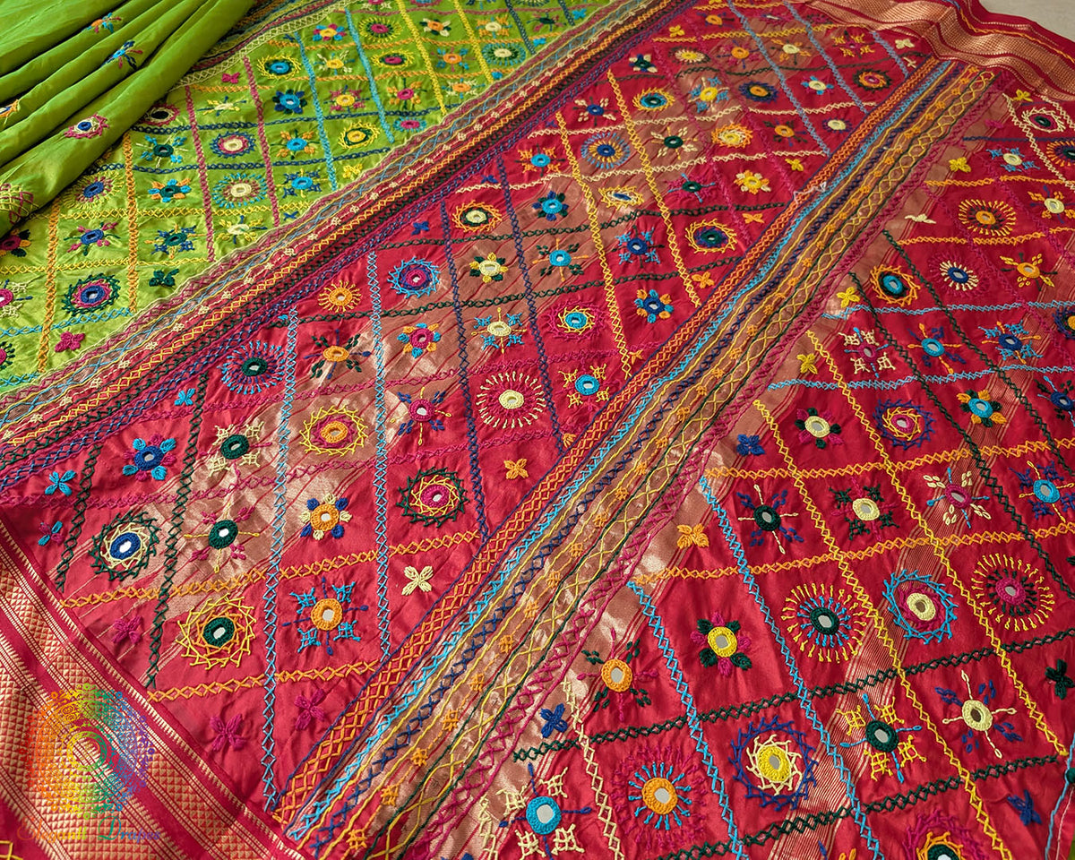 Close-up of the Lime Green Pure Ilkal Silk Saree showcasing Sindur Lambani handwork, highlighting the intricate thread embroidery against the bright green silk fabric.