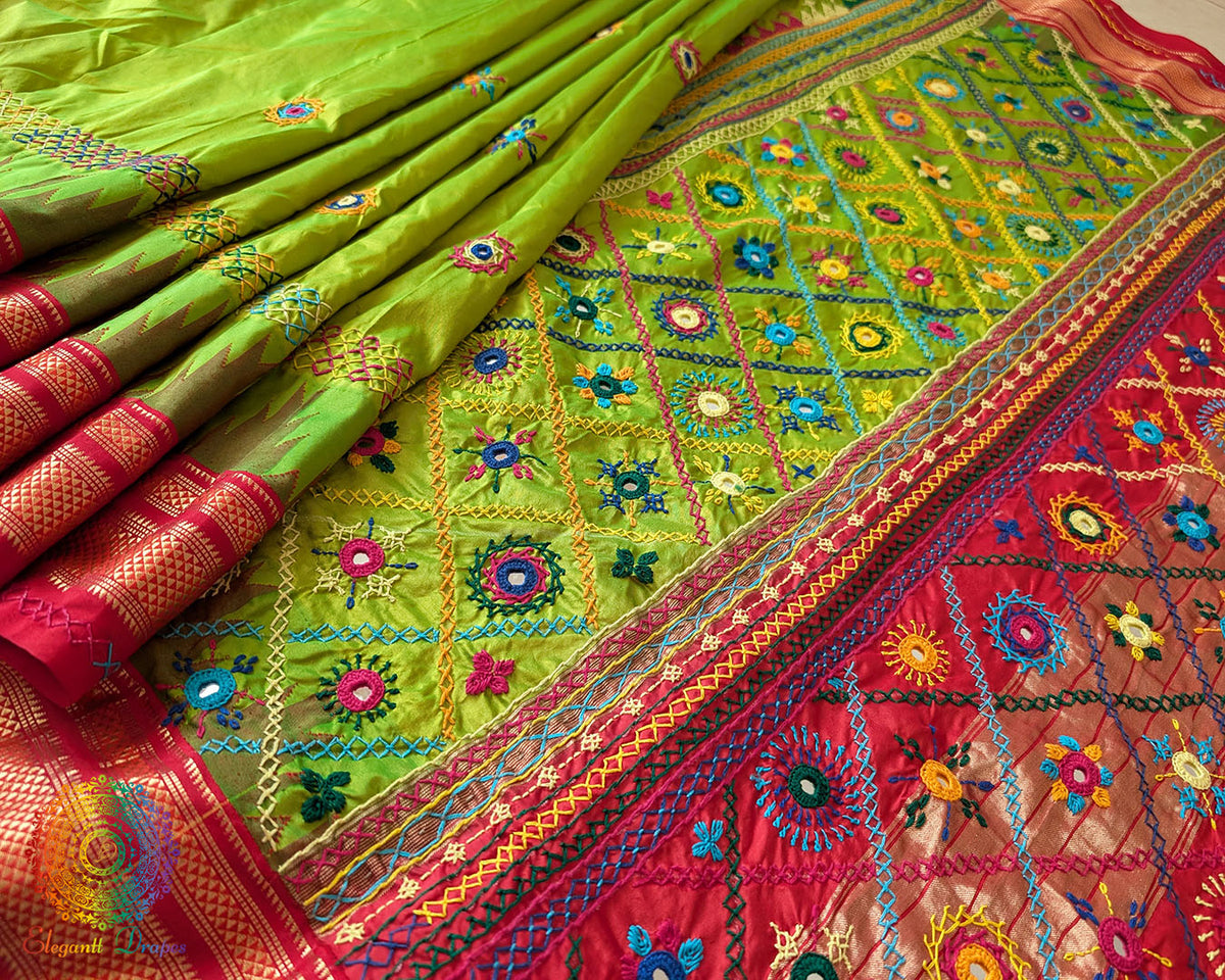 Detailed view of the lime green body of the Pure Ilkal Silk Saree, highlighting the rich colour and traditional Ilkal silk texture.
