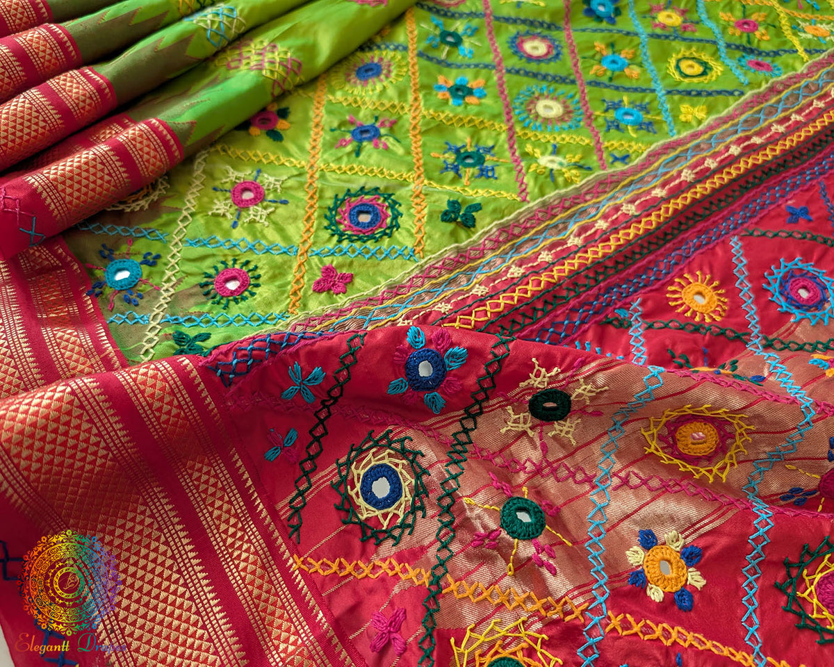 Lime Green Pure Ilkal Silk Saree with a detailed view of the red palla, featuring colourful Sindur Lambani hand embroidery and traditional handcrafted patterns.