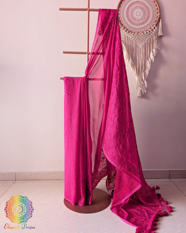 Magenta pink Bengal cotton saree with Chikankari-inspired threadwork showing full drape