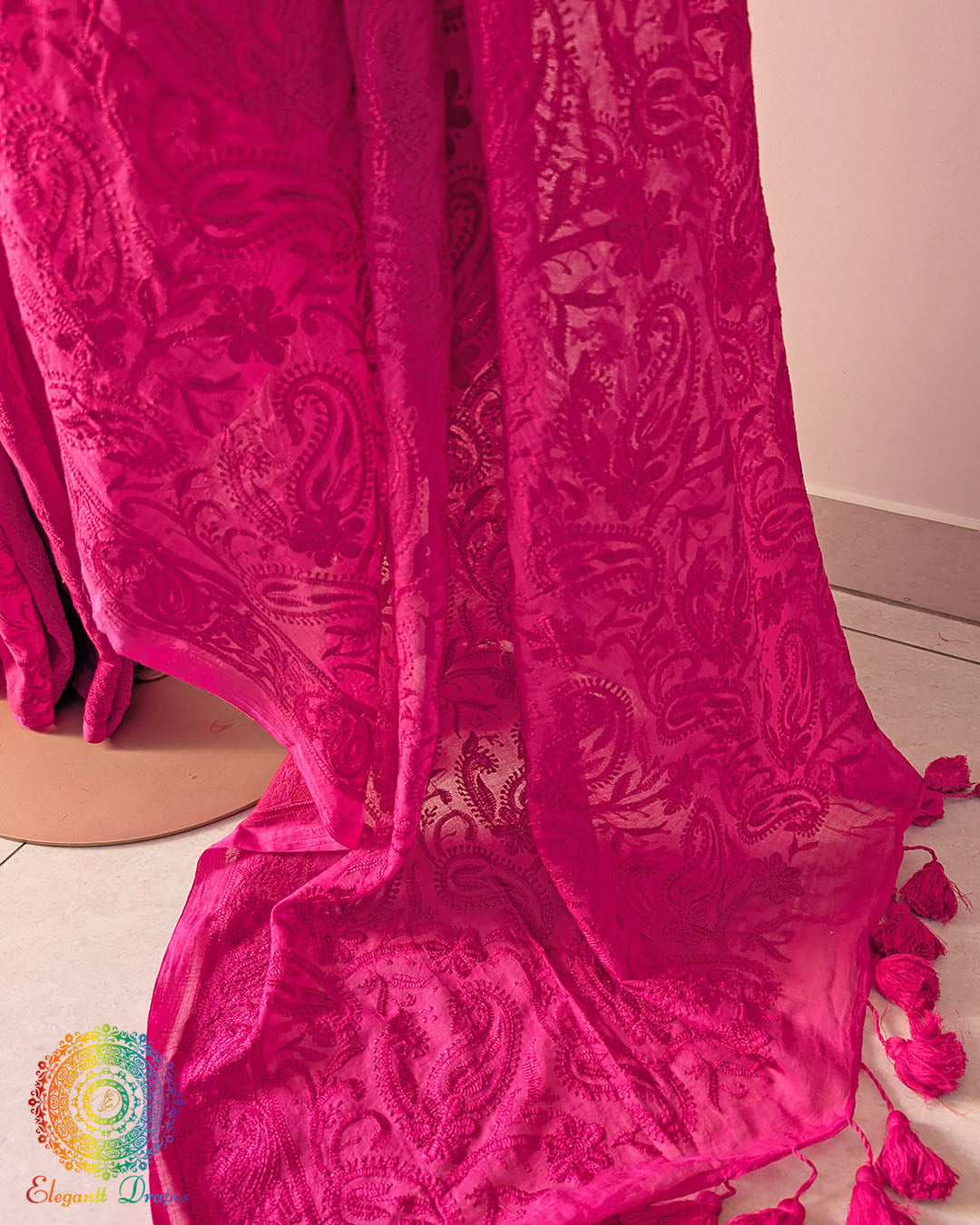 Magenta pink cotton saree showcasing intricate all-over threadwork