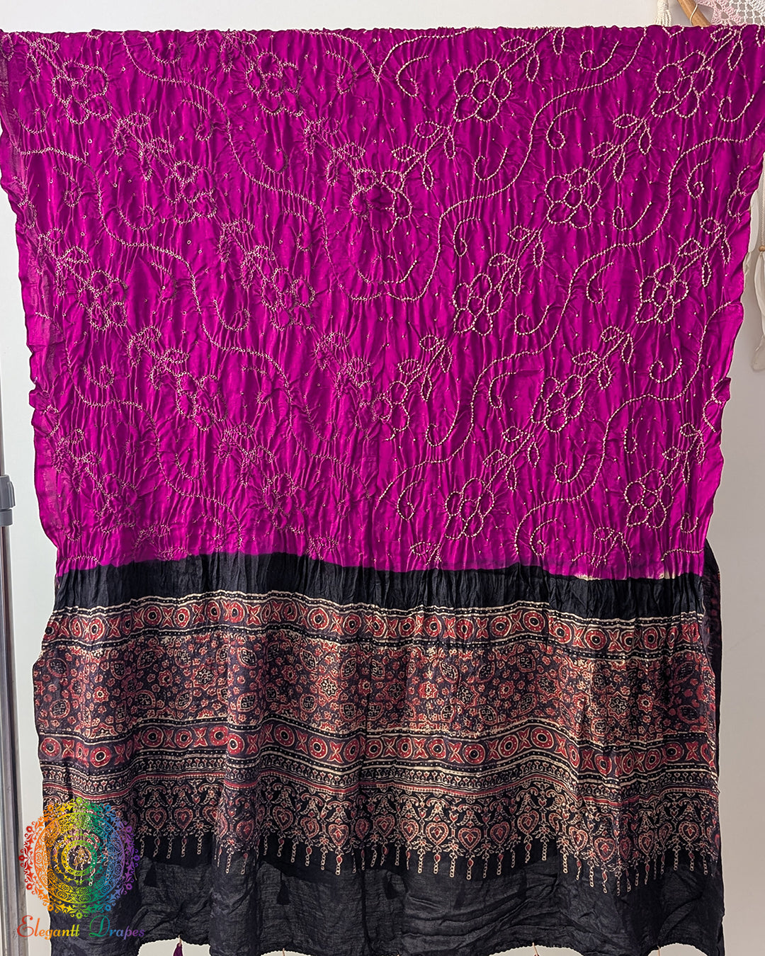 Magenta gaji silk bandhani ajrakh dupatta close view