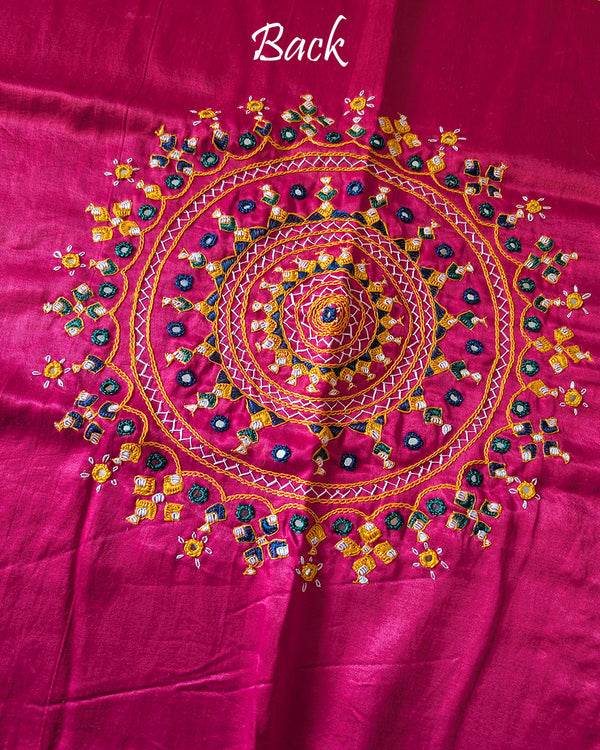 Back embroidery detail on rani pink Mashru silk blouse fabric
