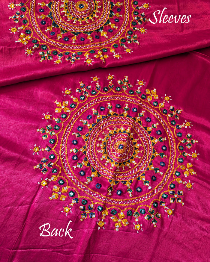 Rani pink Kutch Bavadiya handwork Mashru silk blouse piece full fabric view