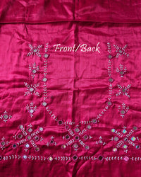 Front view of rani pink Mashru silk blouse piece showcasing intricate Kutch mirror work