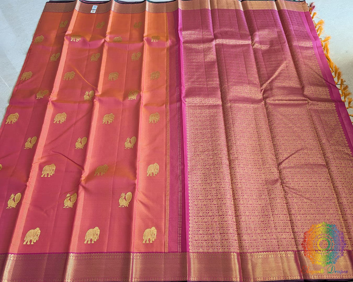 Magenta orange shot Kanjivaram silk saree open view