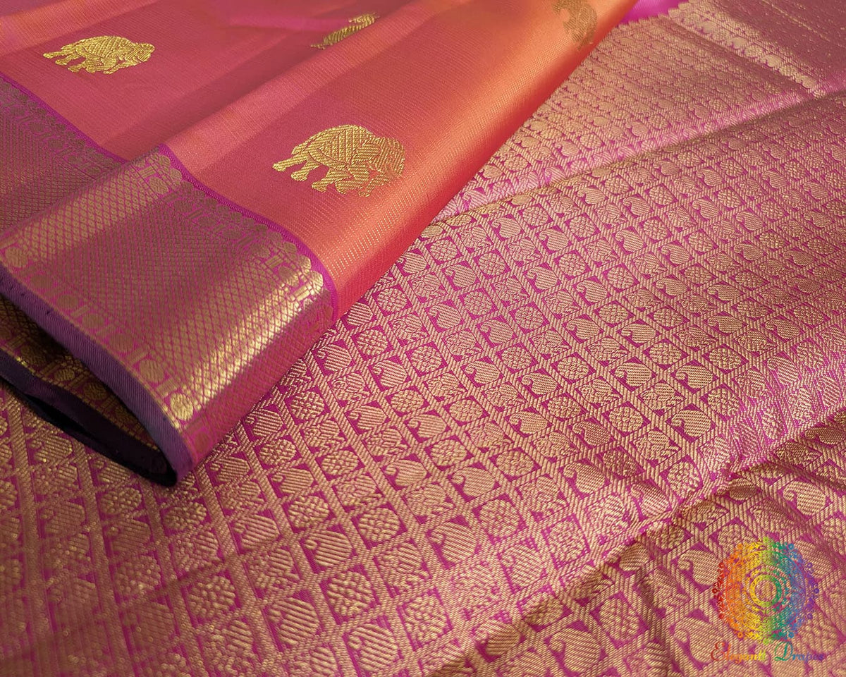 Magenta orange shot handwoven Kanjivaram silk saree alternate view