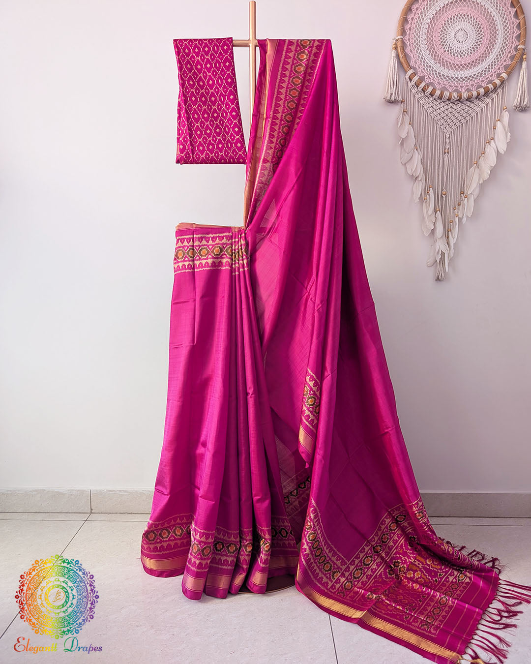 Magenta pure mulberry silk Rajkot Patola saree full view