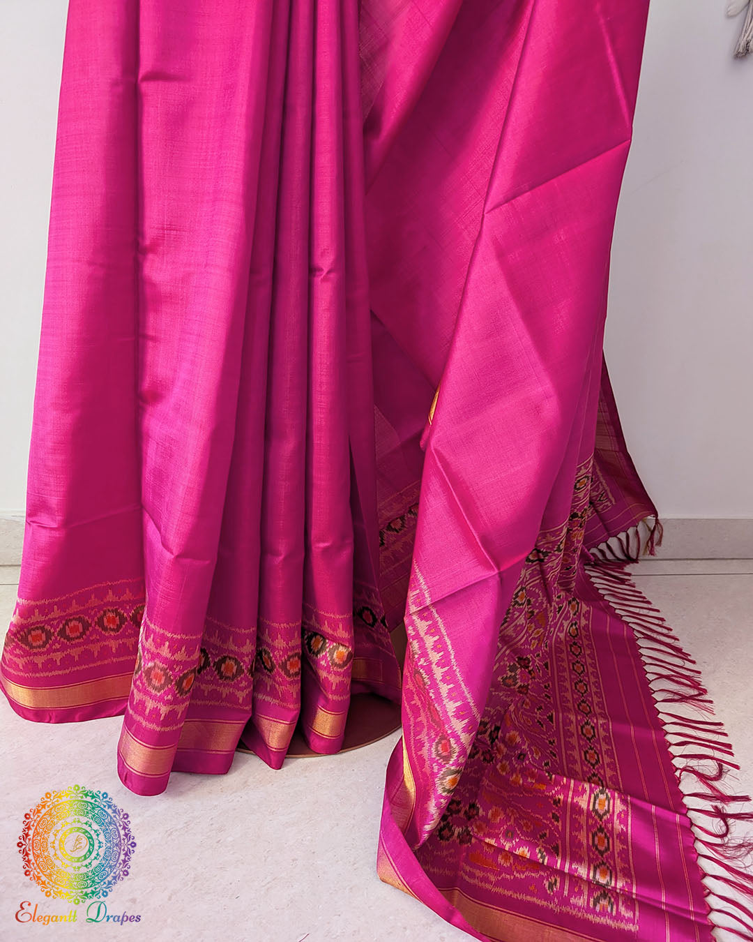Magenta pure mulberry silk Rajkot Patola saree pleats
