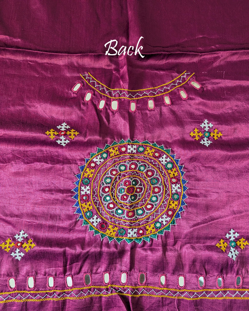 Back embroidery detail on magenta Mashru silk blouse fabric