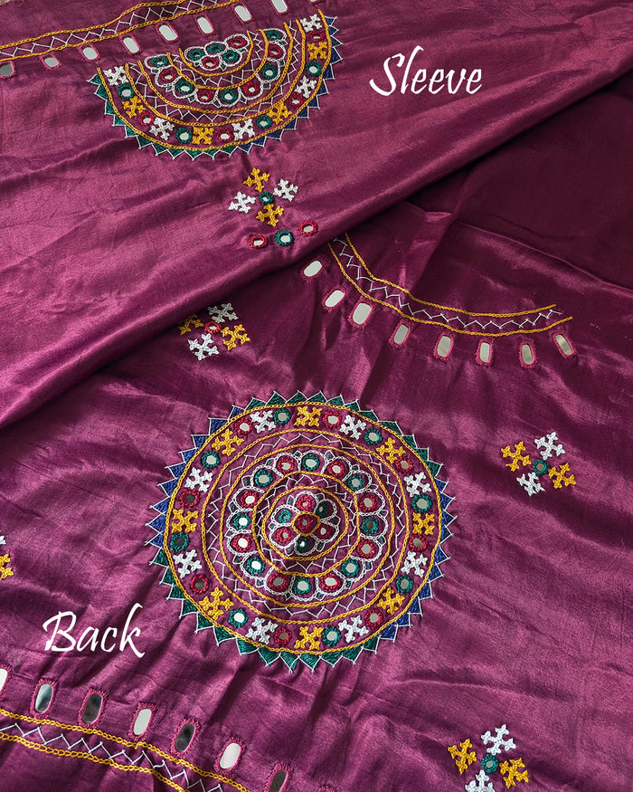 Magenta Kutch handwork Mashru silk blouse piece full fabric view
