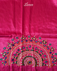 Close-up of semi-circular Bavadiya handwork on Magenta Mashru Silk Blouse Piece sleeve