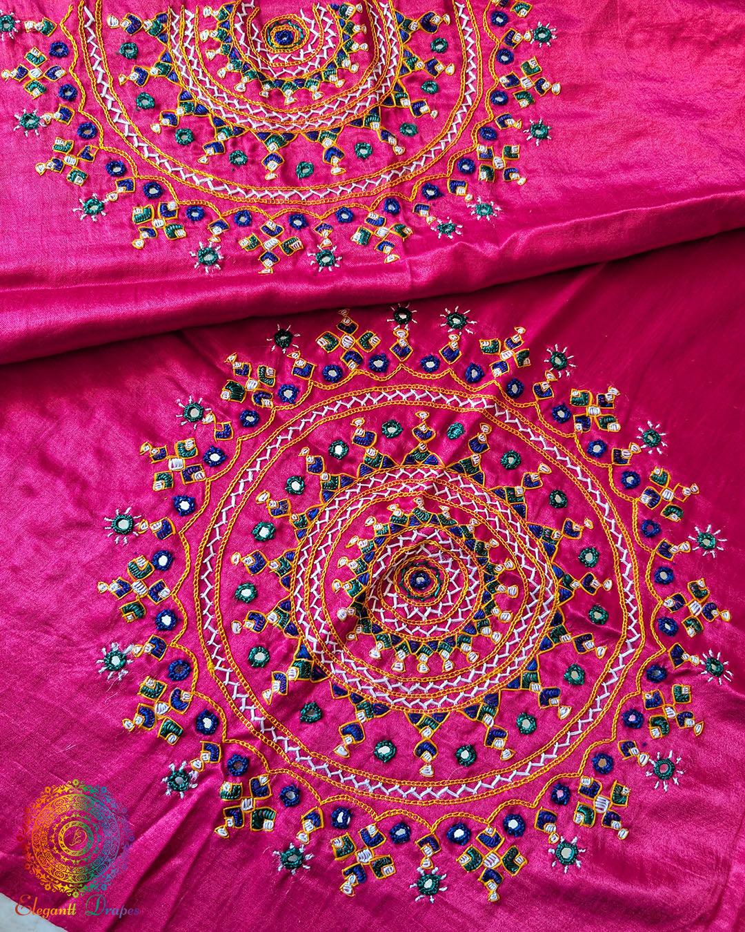 Magenta Mashru Silk Bavadiya Handwork Blouse Piece back and sleeve