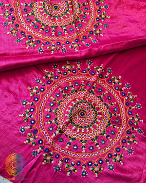 Magenta Mashru Silk Bavadiya Handwork Blouse Piece back and sleeve