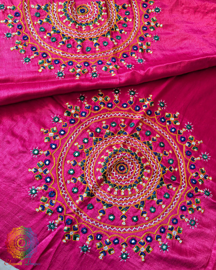 Magenta Mashru Silk Bavadiya Handwork Blouse Piece back and sleeve