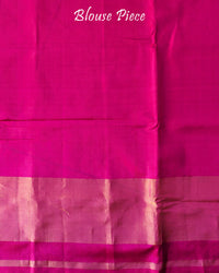 Magenta Pink Handwoven Mulberry Silk Rajkot Patola Saree – Matching Blouse Piece View showcasing the accompanying blouse fabric coordinated with the saree's vibrant magenta pink colour and traditional Patola design.