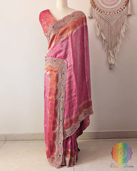 Full drape of Magenta Pink Soft Tissue Silk saree showcasing elegant hand embroidery and shimmering finish