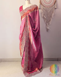 Side view of Magenta Pink Soft Tissue Silk saree highlighting the self-woven wave design