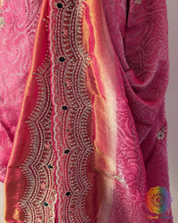 Close-up of intricate Cutdana, pearl, and zardozi hand embroidery on the Soft Tissue Silk saree