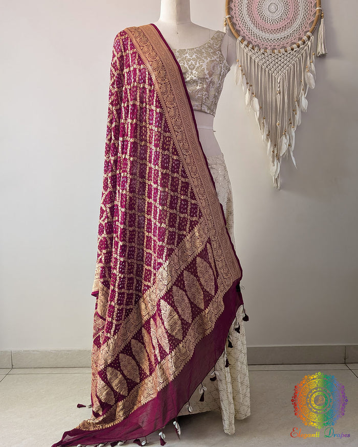 Maroon Banarasi Georgette Gharchola Bandhani Dupatta – Front Drape