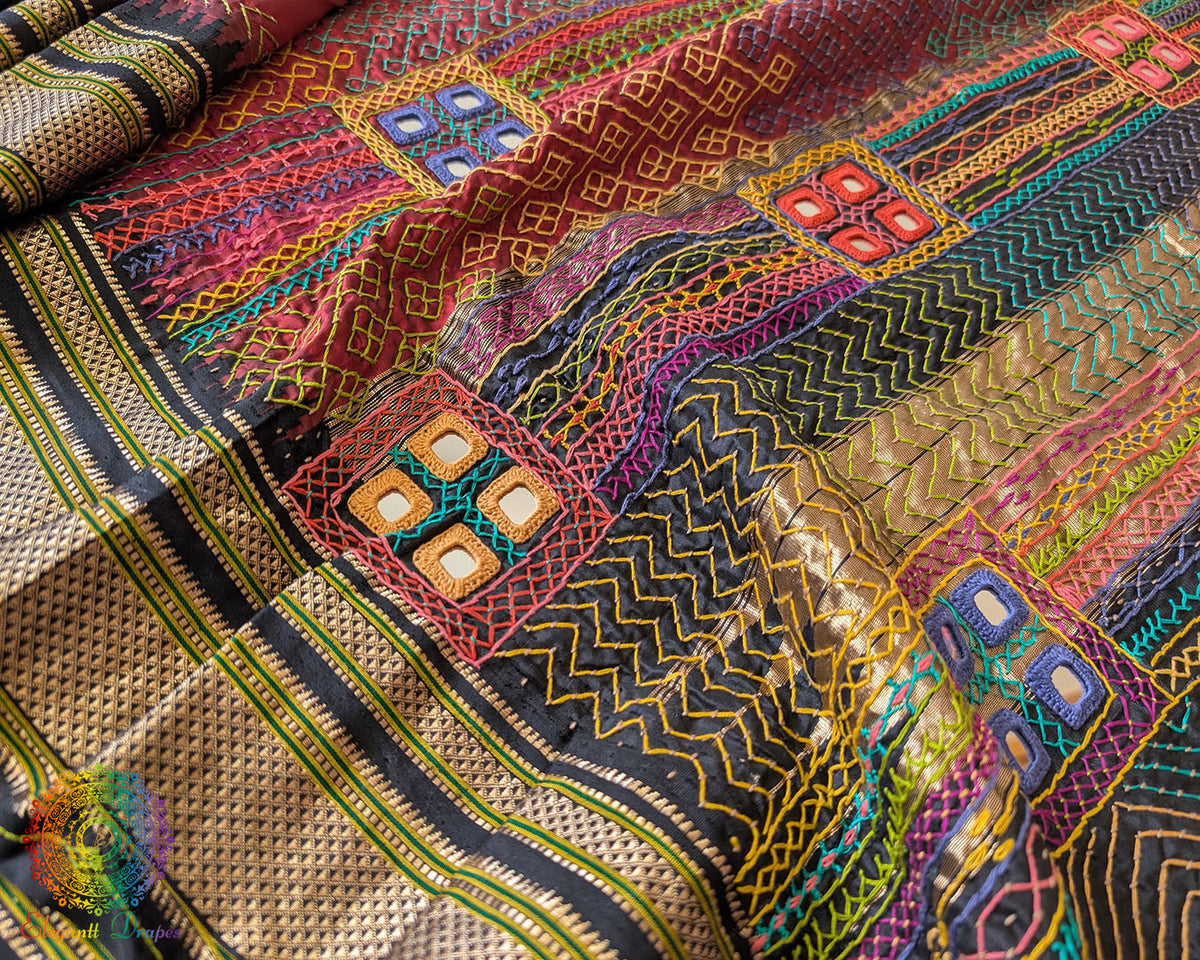 Detailed view of black palla with intricate Lambani hand embroidery