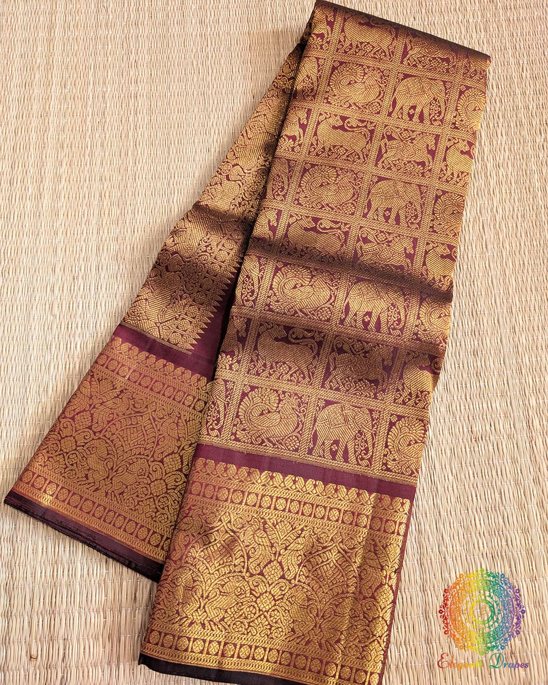 Maroon bridal pure Kanjivaram silk saree with 1 gram zari Elegantt Drapes