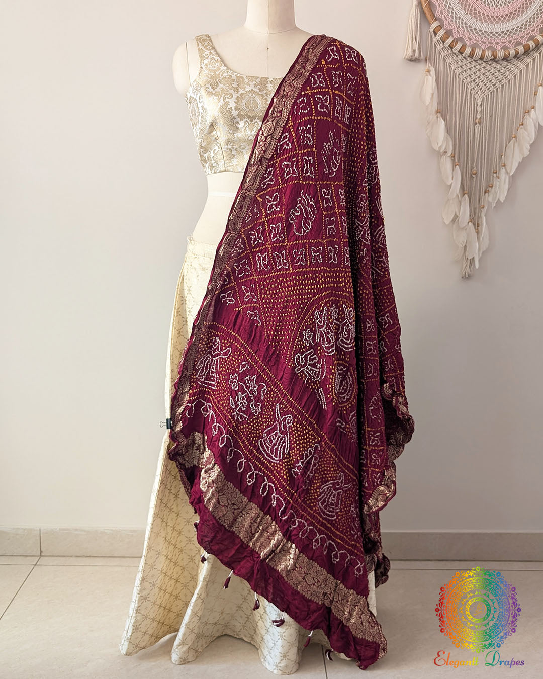 Maroon red gaji silk bandhani dupatta with nakshi border Elegantt Drapes