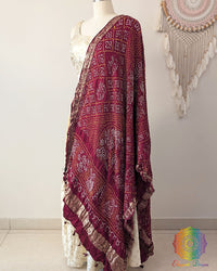 Maroon red bandhani gaji silk dupatta nakshi border drape side view