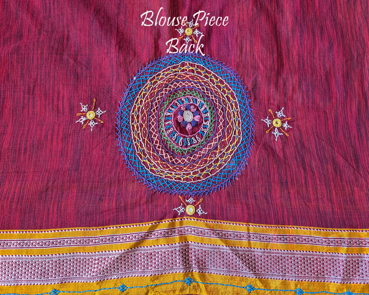 Maroon Ilkal cotton saree with Lambani handwork blouse back