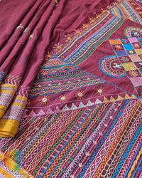 Maroon Ilkal cotton saree with Lambani handwork floor view