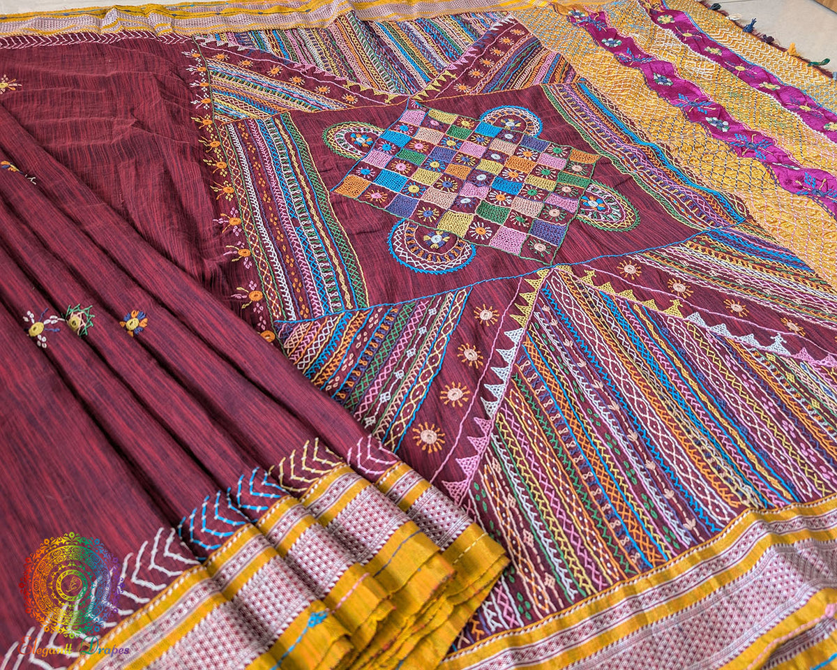 Maroon Ilkal cotton saree with Lambani handwork full view