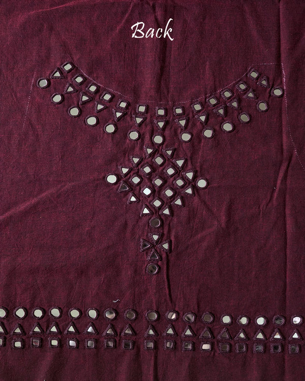 Back view of the Maroon Kala Cotton Kutch Mirror Handwork blouse piece, showcasing intricate traditional embroidery and real mirrors arranged in a detailed handcrafted design.