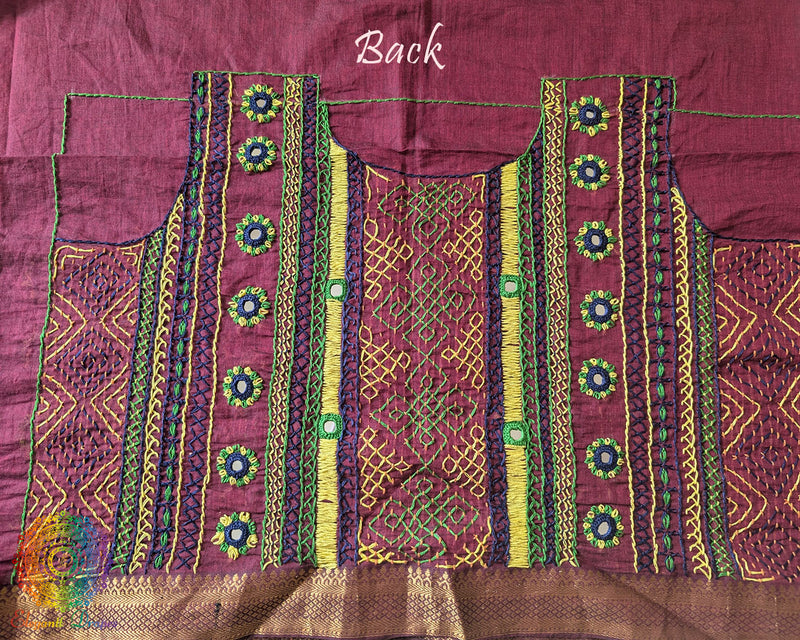 Maroon Mangalgiri Cotton Lambani Embroidered Blouse Piece back with intricate hand embroidery