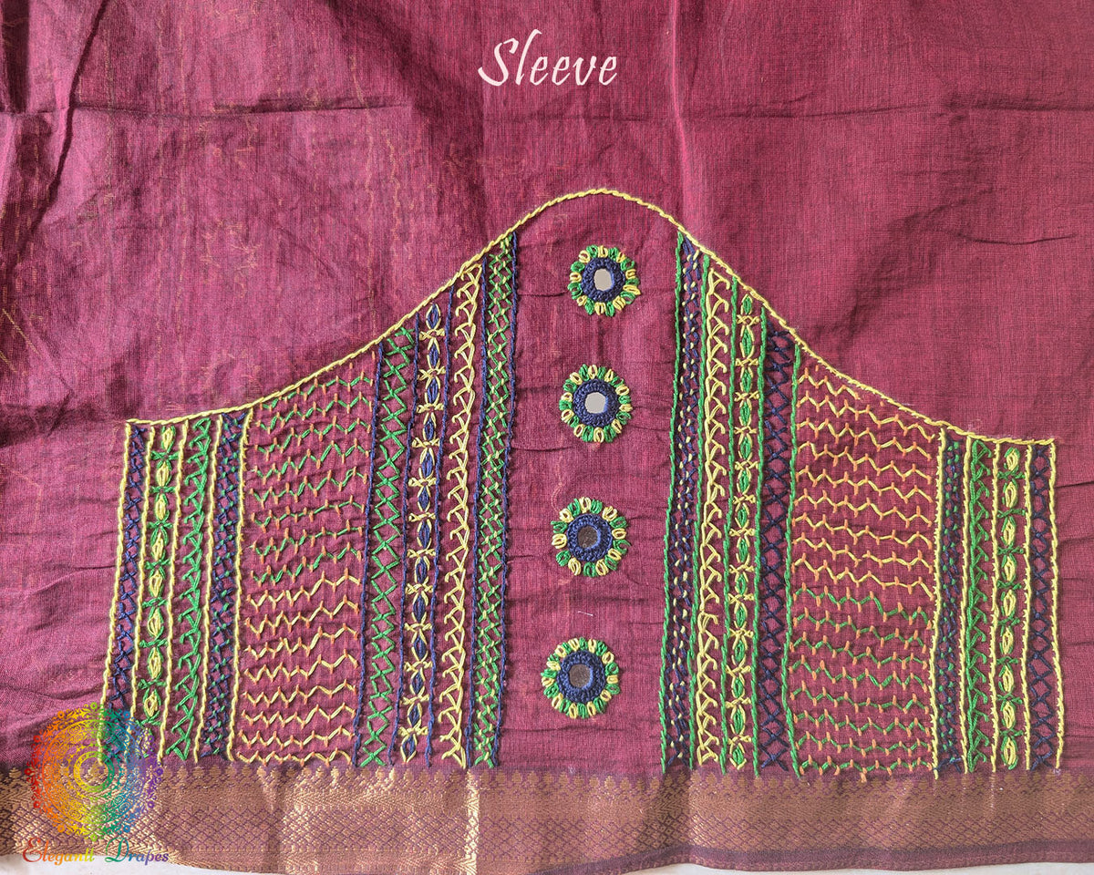 Close-up of Lambani embroidered sleeve on Maroon Mangalgiri Cotton Blouse Piece