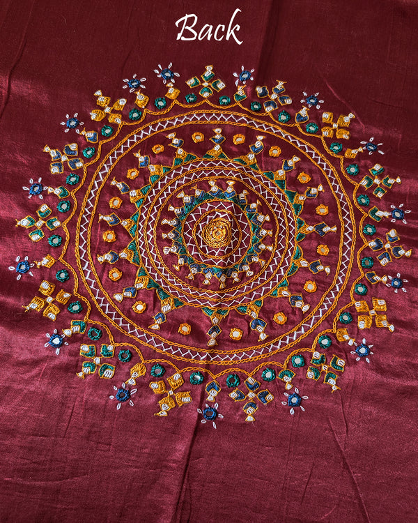 Back embroidery detail on maroon Mashru silk blouse fabric