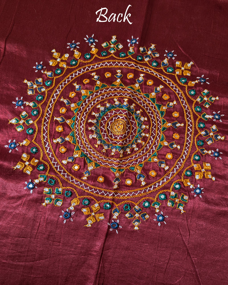 Back embroidery detail on maroon Mashru silk blouse fabric