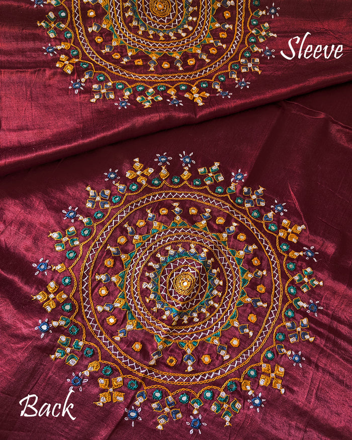 Maroon Kutch Bavadiya handwork Mashru silk blouse piece full fabric view