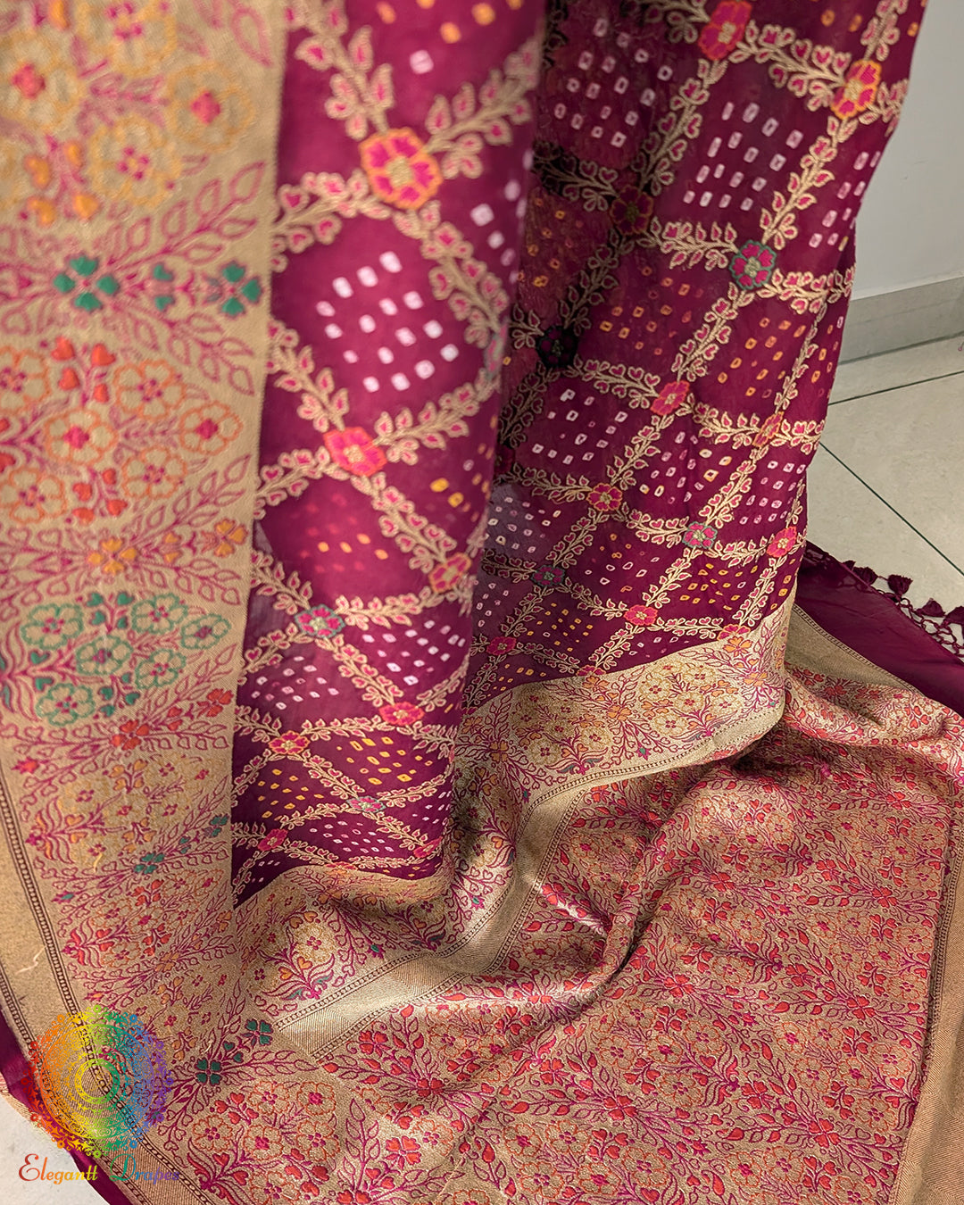 Detailed view of woven meenakari accents on Banarasi bandhani saree