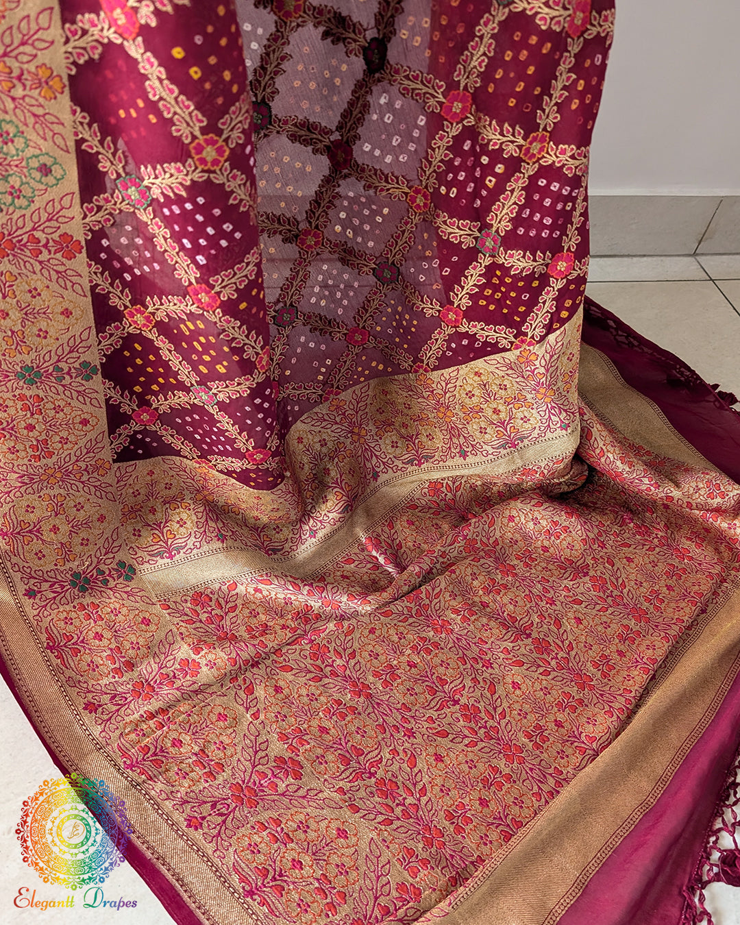 Detailed view of woven meenakari on Banarasi bandhani saree