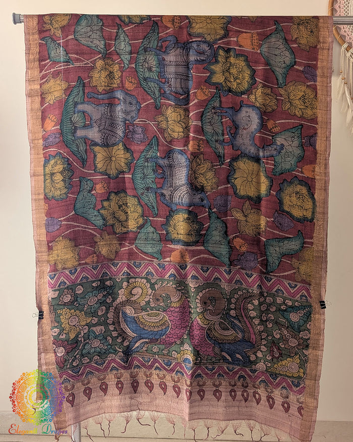 Maroon Hand-Painted Kalamkari Pure Tussar Silk Dupatta showcasing traditional artisan painting and natural silk texture