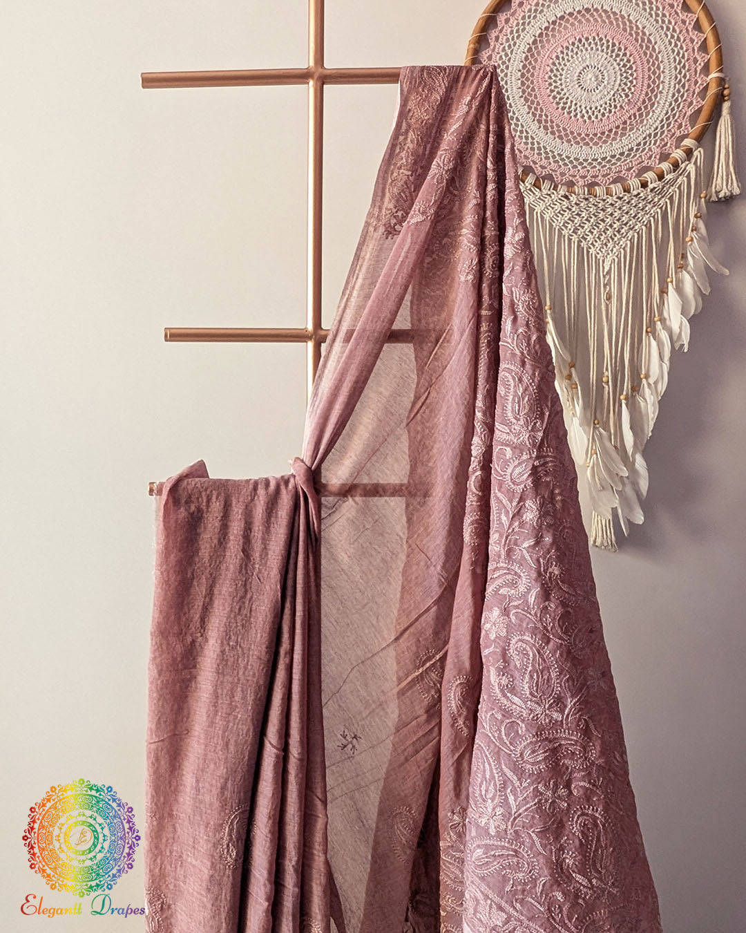 Mauve Bengal cotton saree fabric close up showing soft weave and embroidery-inspired detailing