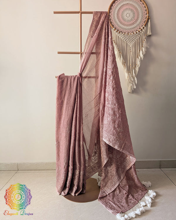 Mauve Bengal cotton saree with Chikankari-inspired threadwork showing elegant drape